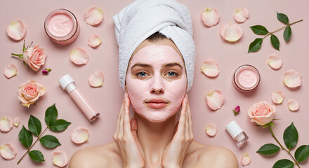 Young woman applying facial mask surrounded by skincare products  