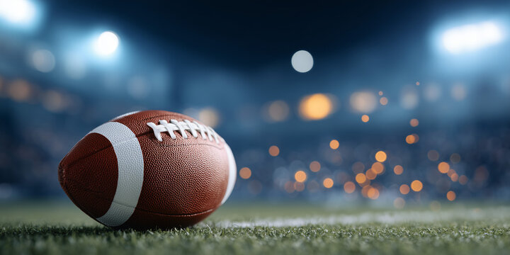 A detailed shot of an American football resting on a grassy field in a stadium at night. The stadium is filled with bright lights, and the scene is set for a thrilling game