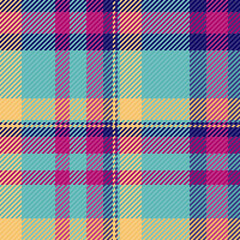 Detailed tartan pattern in vibrant teal, pink, yellow, and navy hues. A classic, woven texture evoking tradition and warmth. Use for backgrounds, textiles, or retro designs.