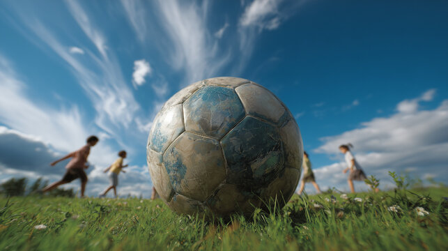  In the foreground, a soccer ball; in the background, children are playing soccer. Blue sky, green grass