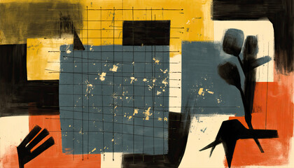 Fototapeta premium Abstract geometric painting in yellow blue black orange modern decor -