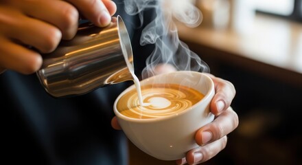 Closeup of barista pouring steamed milk into a cup of coffee to create latte art, showcasing the rich aroma and creamy texture