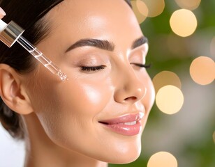 serum dropper facial, glowing skin, woman smiling, luxury skincare, spa ambiance