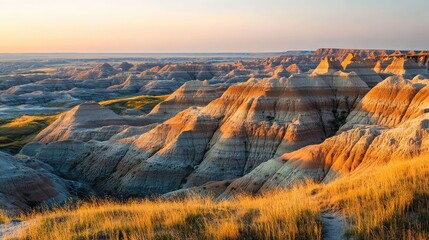 The stark, eroded landscape of the Badlands in South Dakota at golden hour, the striped layers of sediment glowing in the warm light, dramatic, rugged textures, sharp focus.