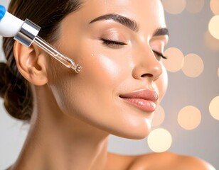 serum dropper facial, glowing skin, beautiful woman, skincare procedure, spa lights