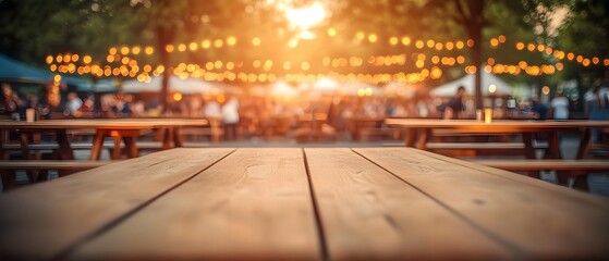 Empty table at summer beer garden festival.