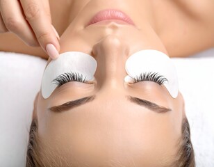 eyelash extension process, beauty technician hands, woman, lash pads, salon procedure