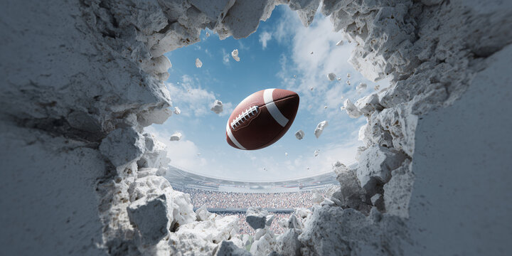 An American football breaks through a concrete wall towards the stadium