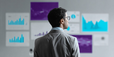 A businessman standing in front of digital data screens, observing and analyzing them. The screens are displaying various charts and graphs