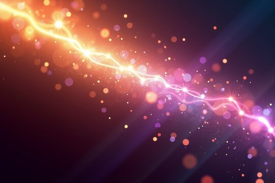 A radiant burst of golden light explodes across a dark, cosmic backdrop, trailing sparkling particles and soft bokeh orbs in warm hues of orange and purpleevoking energy, wonder, and celestial magic.