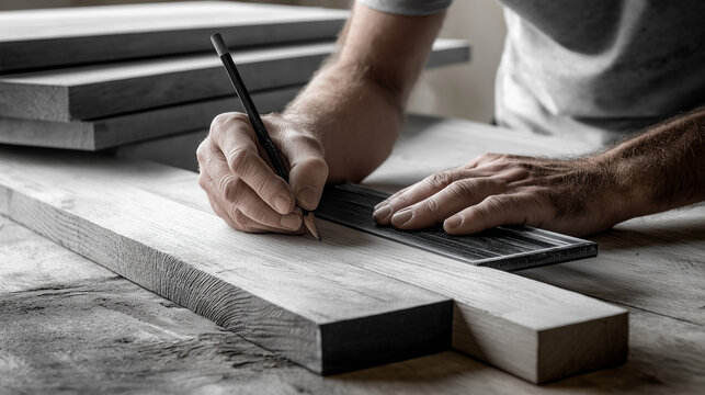 Carpenter's hands are precisely measuring and marking a wooden plank with a ruler and pencil, showcasing dedication to craft and woodworking skills in a monochrome workshop setting