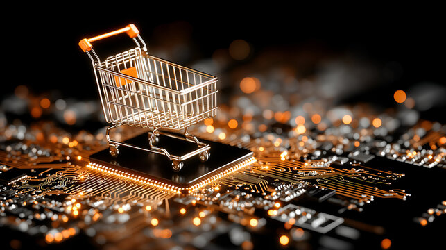 Shopping cart sitting on a glowing computer microchip and circuit board, representing modern e commerce, digital retail, and online purchasing with advanced technology