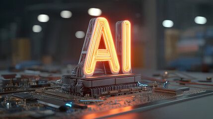 Artificial intelligence glowing neon sign standing on a futuristic circuit board representing neural networks and advanced computing technology for machine learning