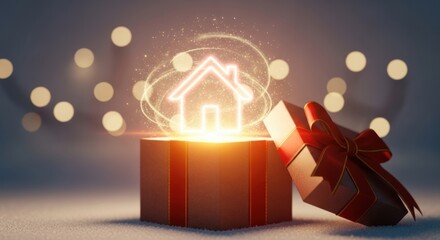 Hand Holding Glowing Holographic House Icon with Christmas Lights and Falling Snow
