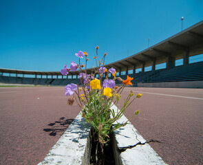 Flowers Bloom from Crack at Stadium Ground