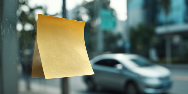A blank sticky note on glass in the city with blurred background and a vehicle passing by