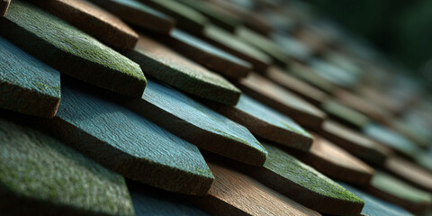 A detailed shot of a textured roof with wooden tiles in different colors