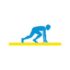 Blue silhouette of athlete crouches at starting line preparing to sprint forward in competitive race, symbolizing determination and readiness.