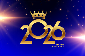 Royal 2026 Happy New Year Background with Golden Crown and Blue Sparkles