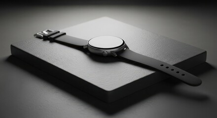 A sleek smartwatch rests elegantly on a textured surface, showcasing its modern design and sophisticated functionality in monochrome