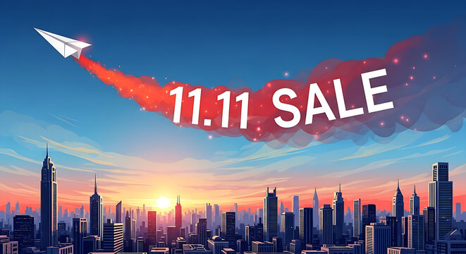 A paper airplane flying over a cityscape with a trail of red smoke and the words eleven eleven sale