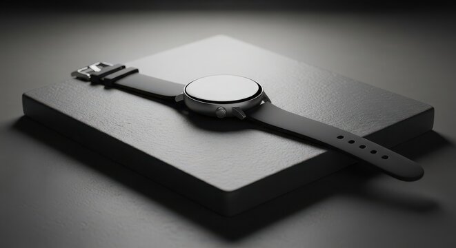 A sleek smartwatch rests elegantly on a textured surface, showcasing its modern design and sophisticated functionality in monochrome