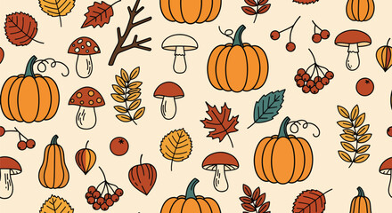 Autumn Handdrawn Seamless Pattern with Pumpkin, Leaf, Mushroom, and Berry