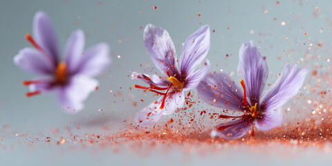 A vibrant close-up captures delicate purple flowers with their vibrant red stigmas, with sparkling accents.