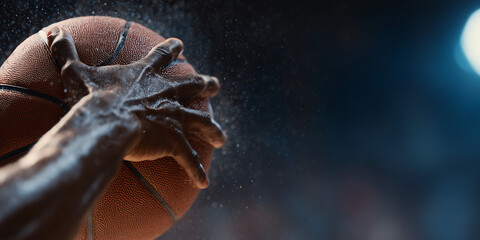 A close-up shot of a hand gripping a basketball, capturing the intensity of the sport, with water droplets suspended in air