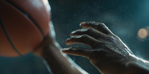 Intense moment during a basketball game, hand gripping the ball with focus and determination. Rain, water drops on the hands add to the drama of the scene