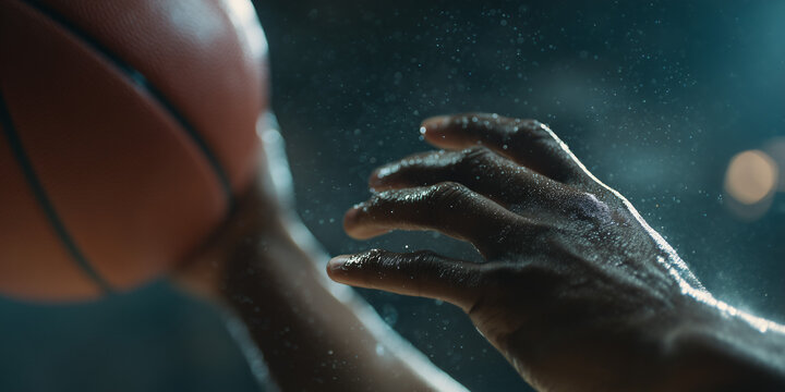 Intense moment during a basketball game, hand gripping the ball with focus and determination. Rain, water drops on the hands add to the drama of the scene