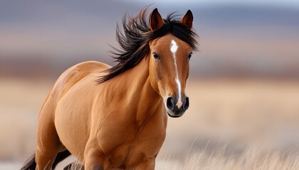 Obraz premium Chestnut horse galloping freely in a green pasture under a blue sky, embodying grace and freedom.