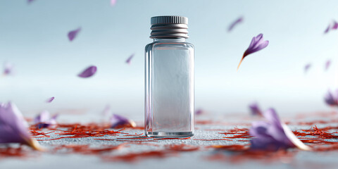 A stunning shot of a glass bottle containing valuable saffron, surrounded by vibrant red saffron threads and petals, capturing the essence of luxury
