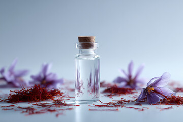 A close-up shot of a small glass bottle with a cork cap, surrounded by vibrant red saffron threads and delicate purple flowers
