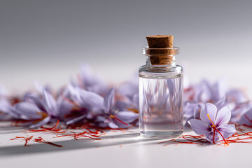 A bottle of saffron extract is surrounded by vibrant saffron threads and purple flowers, showcasing the essence of luxury and natural beauty.