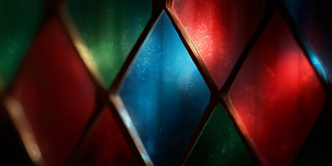 Vibrant close-up of colorful stained glass with geometric diamond patterns. The light shines through, creating a stunning visual display of red, green, and blue hues