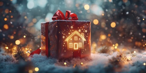 Golden house with red ribbon in snowy Christmas lights background, symbolizing warmth, real estate, and holiday joy