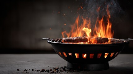 burning grill with stake and flame on dark background