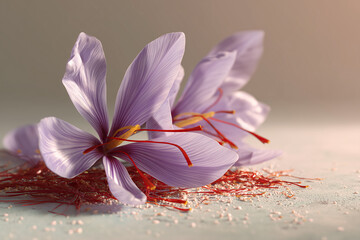 Exquisite saffron flowers, delicately showcasing vibrant purple petals and red stigmas, elegantly arranged. This captures the essence of luxury and culinary delight.