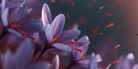Close-up view of delicate saffron crocus flowers in bloom with their vibrant stigmas