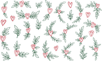 Vector illustration of hearts and leaves bundle with green botanical branches and red line art hearts in romantic hand drawn style