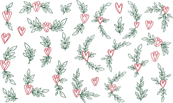 Vector illustration of hearts and leaves bundle with green botanical branches and red line art hearts in romantic hand drawn style