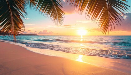 Idyllic tropical beach at sunset with palm fronds framing the scene golden sun reflecting on gentle ocean waves and wet sand under a colorful sky