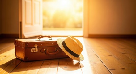 Vintage suitcase and straw hat in a sunlit room, evoking travel, adventure, and a sense of nostalgia and summer vacation