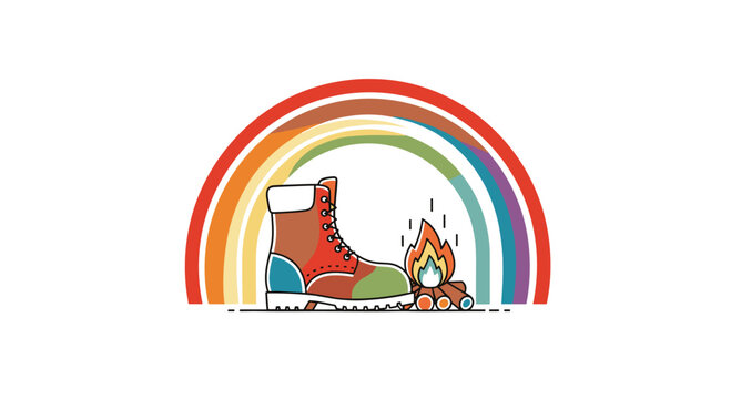 Colorful hiking boot beside campfire under rainbow represents adventure and outdoor lifestyle, perfect for travel blogs and vibrant designs