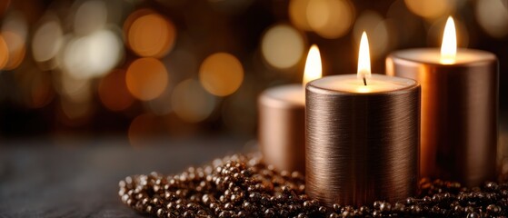 Three bronze candles glowing with warm light on a beaded surface creating a cozy and festive atmosphere for holiday season and special occasions