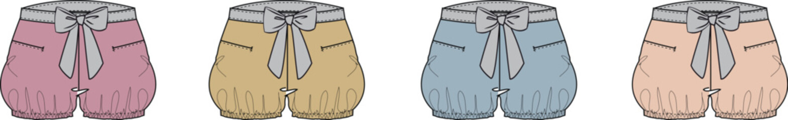 Vector illustration of casual women's or girls' drawstring shorts design in various pastel colors, perfect for fashion design, textile prints, or pattern making projects