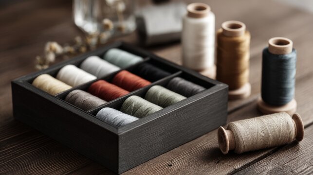 sewing kit with different threads on the wooden table