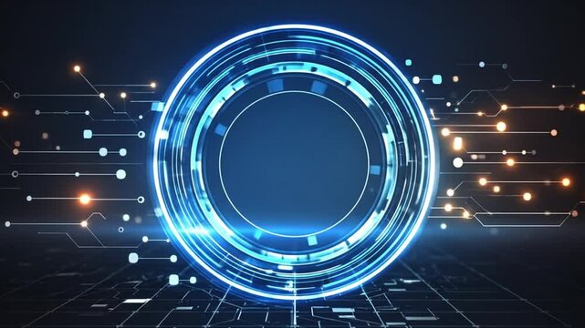 Glowing digital interface with a circular design and interconnecting lines, futuristic background
