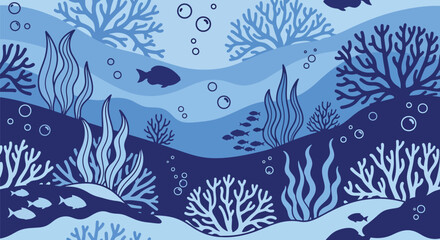 Modern Underwater Scene with Seaweed and Fish Seamless Pattern Illustration